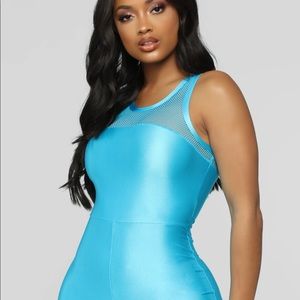 Fashion Nova Turquoise Blue mesh spandex shiny sport lounge jumpsuit 80s Med